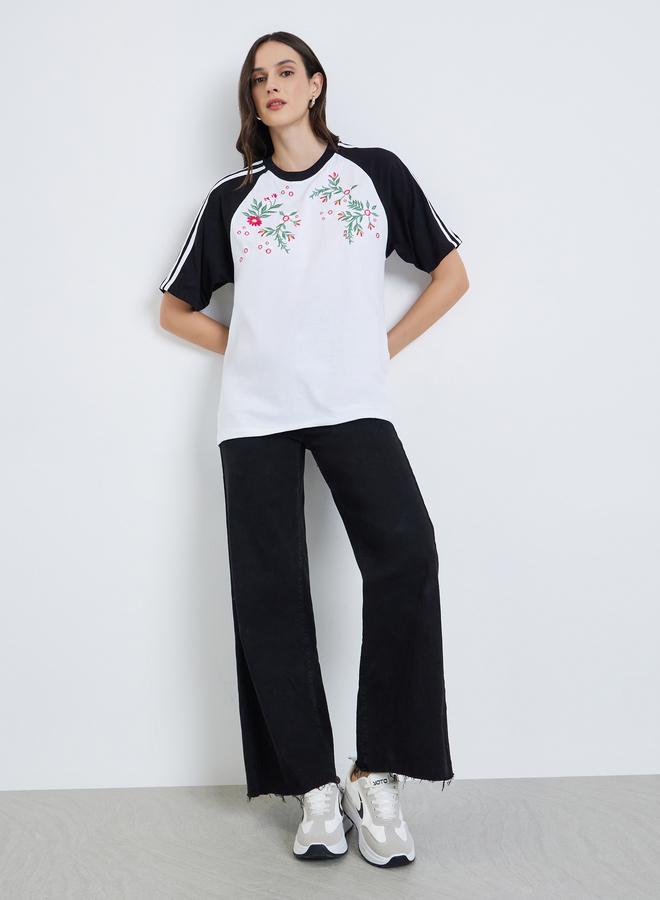 Styli Women Embroidered Color Block 100% Cotton T-Shirt - Image 1